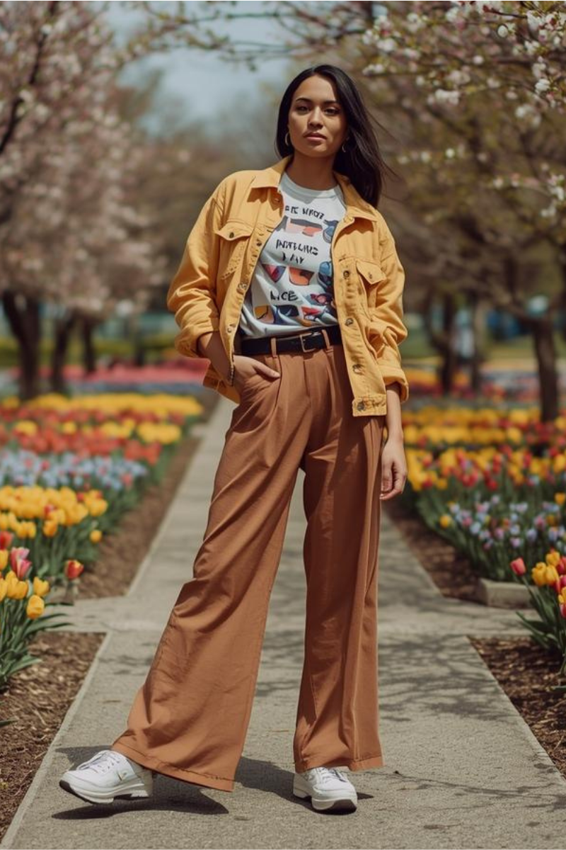 dámska rifľová bunda žltá a hnedé rifľové nohavice - outfit